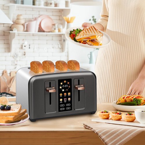 SEEDEEM Toaster 4 Slice, Stainless Toaster & Touch Control, LCD Display, 6 Bread Type, 7 Shade Settings, 1.5'' Wide Slots, Cancel/Defrost/Reheat, Removable Crumb Tray, 1800W, Dark Metallic