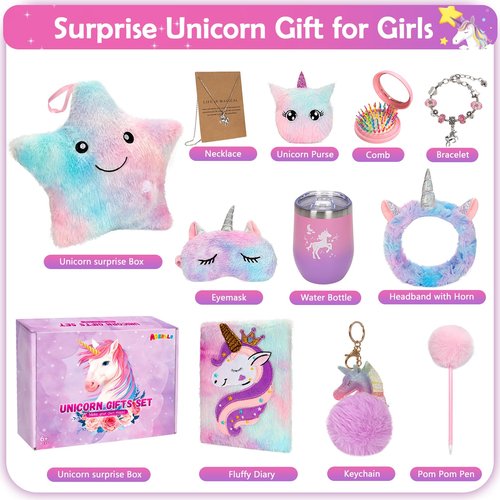 Unicorns Gifts for Girls 5 6 7 8 9 10+ Years Old, Kids Toys Set for Teens Girls Birthday Gifts Christmas, Unicorn Toys with Light Up Soft Plush Star Pillow, Diary Notebook, Headband, Water Bottle