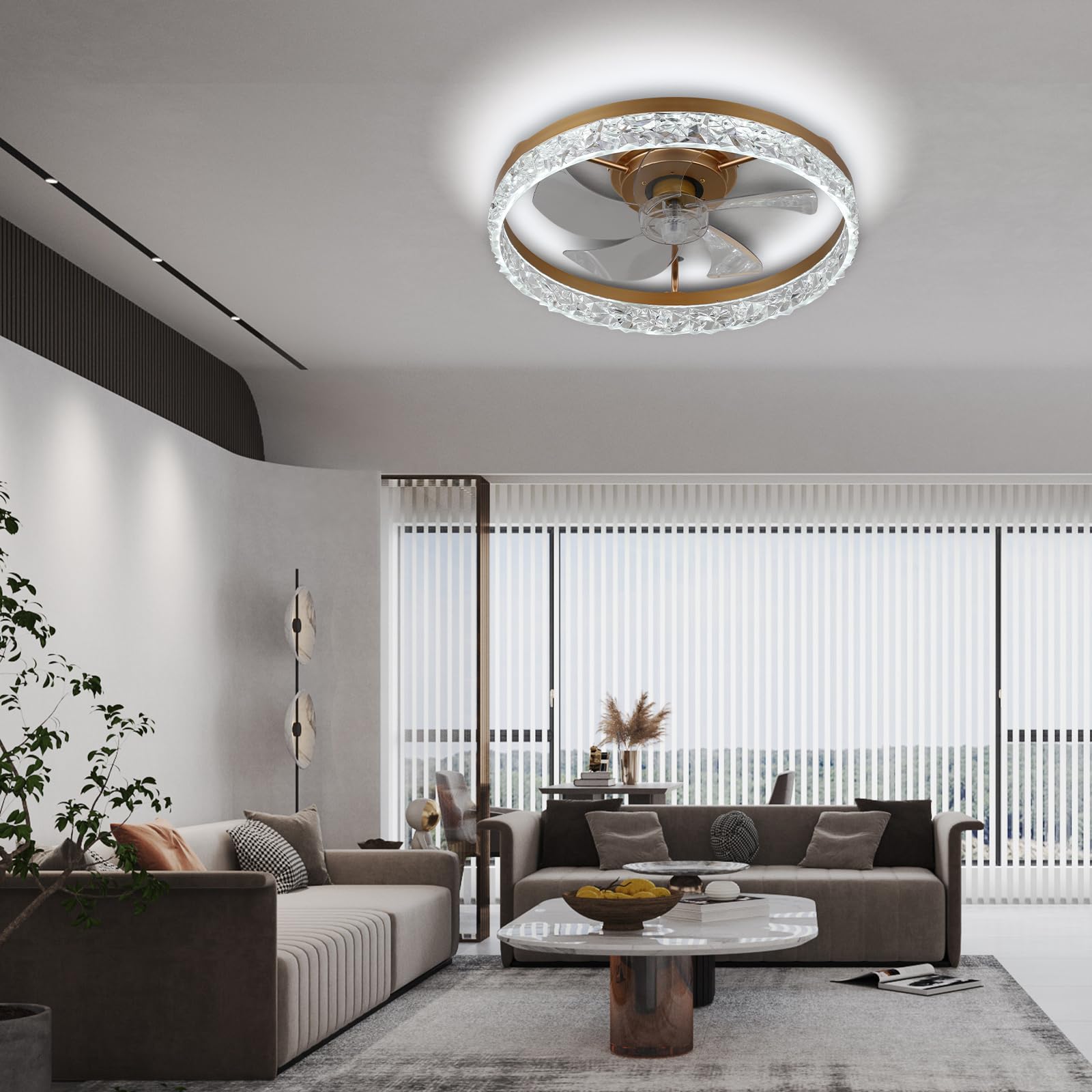 FRIXCHUR 19.7'' Dimmable Low Profile Ceiling Fan with Light，Fandelier Ceiling Fan Flush Mount, 6 Wind Speeds 3 Colours Black Modern Ceiling Fans with Lights for Bedroom