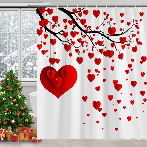 Red Love Heart Shower Curtain TreeFallen Heart Sweet Love Romantic Couple Woman Girl Valentine's Day for Bathroom Polyester Curtains Set with Hooks 70x70 Inch