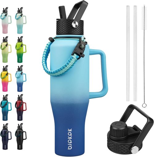BJPKPK Insulated Water Bottle - 40oz Stainless Steel Tumbler with Straw Lid & Paracord Strap - Sky Color