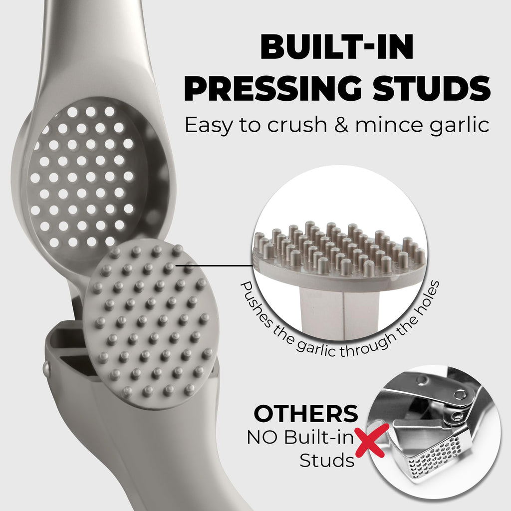 Zulay Kitchen Large Premium Garlic Press Set – Rust Proof & Dishwasher Safe, Bigger Bowl Garlic Mincer Tool with Silicone Garlic Peeler & Brush, Easy Squeeze & Clean, Ergonomic Handle - Silver