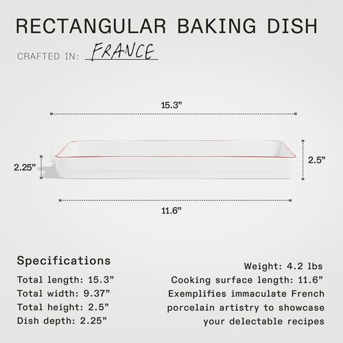 Made In Cookware - Rectangular Baking Dish - Red Rim - Hand Crafted Porcelain - Professional Bakeware - Made in France