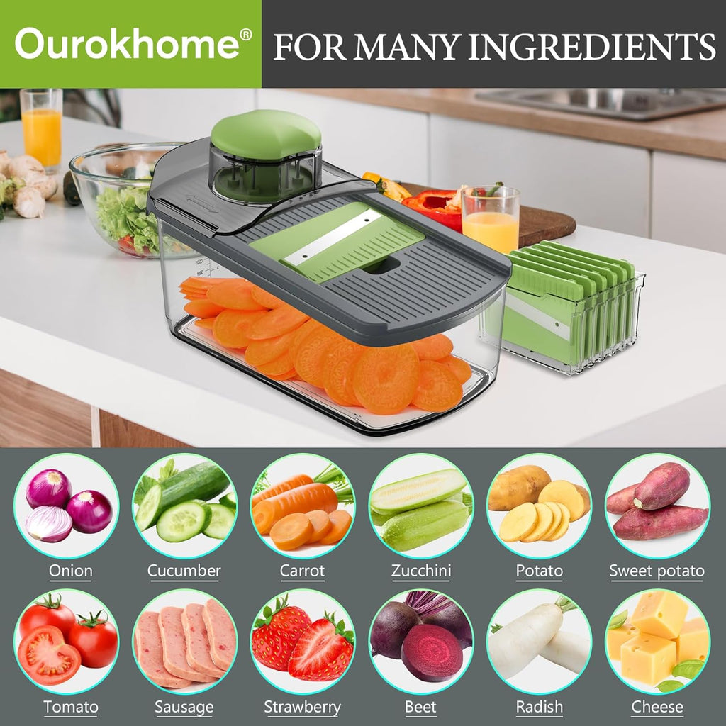 Ourokhome Mandolin Slicer - 6-in-1 Vegetable Shredder with Safety Features | Gray Color, Ideal for Potatoes, Carrots, Zucchini, and Onions