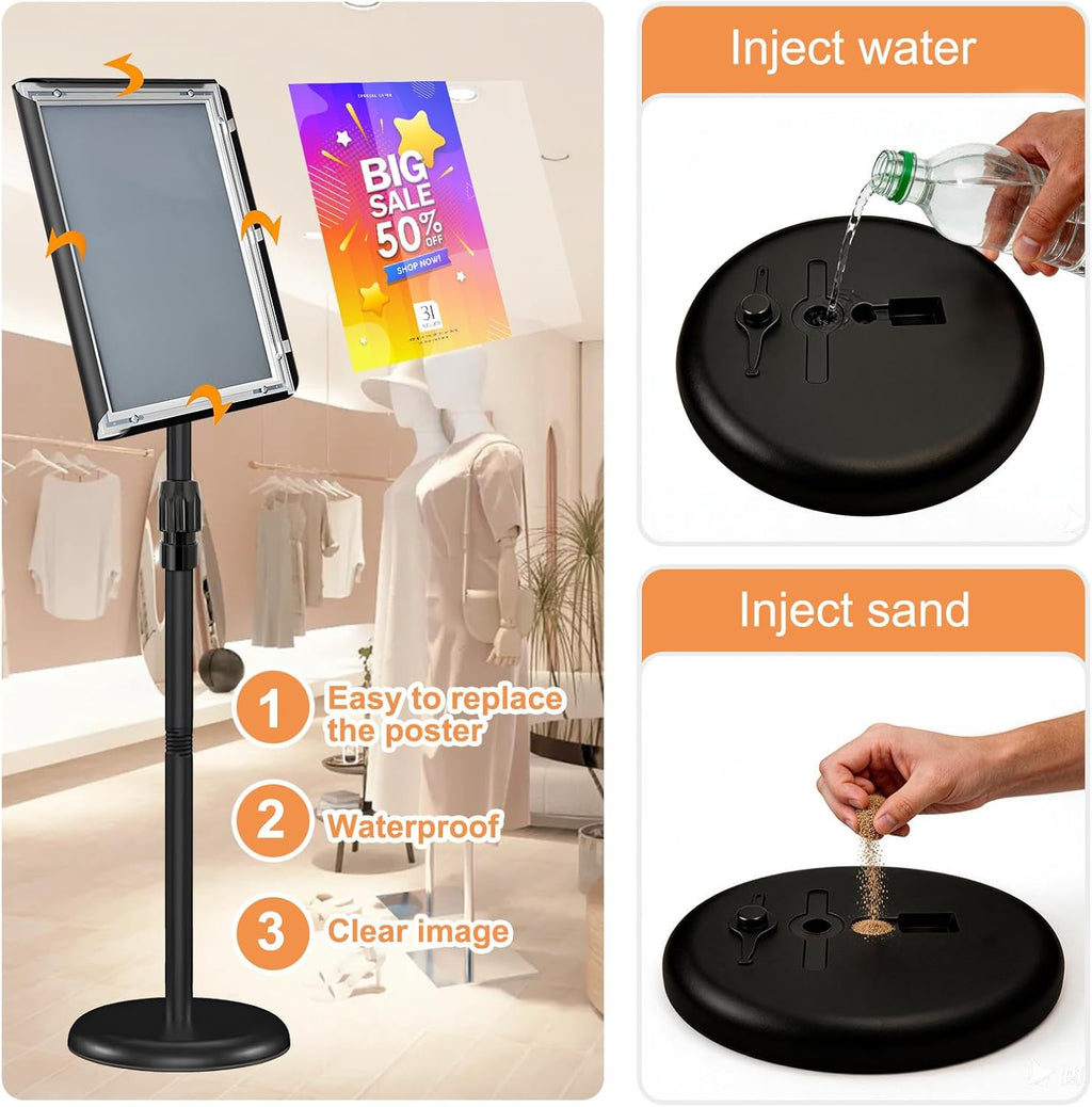 Skiennix Sign Holder Stand 8.5x11″ - Adjustable Freestanding Display Frame for Business & Store - Black