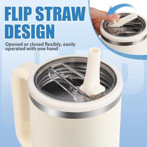 40 OZ Tumbler Flip Straw Lid for Stanley Quencher, Spill Proof Lids Replacemen, Non Spill Straw TOP Cover Replacement Accessories with Brush White