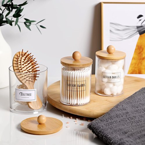 Apothecary Jar Qtip Holder Dispenser Set - 3 Pack Bamboo Lids for Vanity Organizer Storage