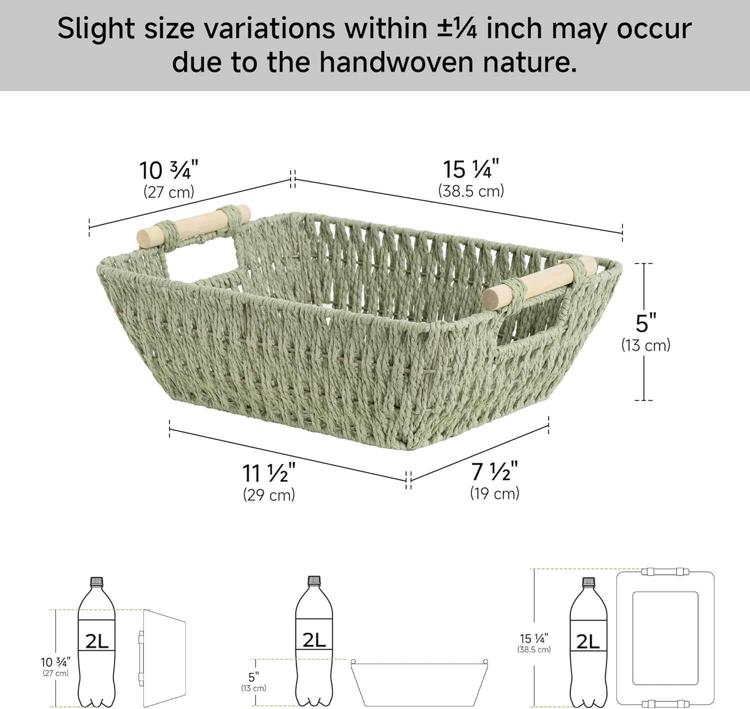 StorageWorks Large Wicker Storage Baskets - Organize with Wooden Handles, Bosana Green, 2-Pack