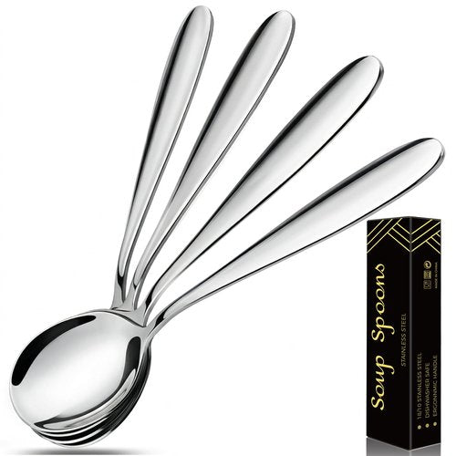 IFERRENS 18/10 Stainless Steel Soup Spoons, 7.3-in Deep Heavy Weight Round Soup Thick Spoons, Suitable for Cereal Bouillon Milk Soup Hot Chocolate Dinner Guest, Pack of 4