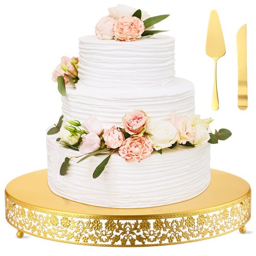 Wenqik 18 Inch Christmas Cake Stand Gold Metal Round Cupcake Dessert Stand with Cake Cutting, Spatula Xmas Cupcake Pastry Display Candy Holder Display for Xmas Wedding Birthday Party(flower, 18 Inch)