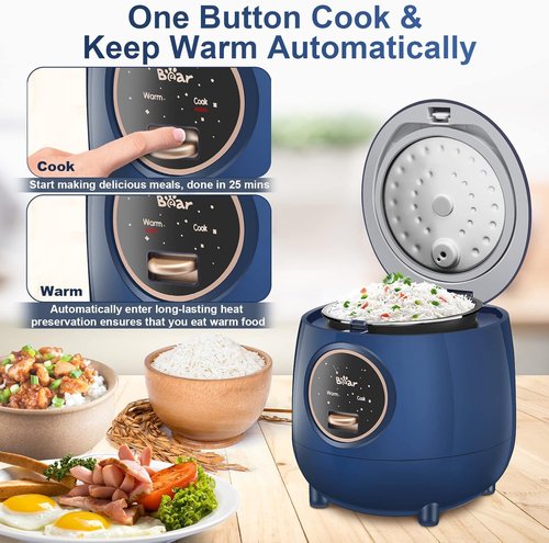 Bear Mini Rice Cooker - 2 Cups Uncooked | Portable Non-Stick Travel Cooker, BPA Free, Blue