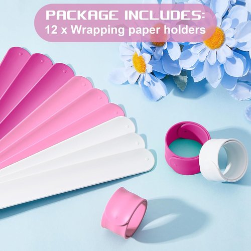 Charniol Wrapping Paper Roll Holder - 12-Piece Silicone Covered Metal Strips | Gift Paper Organizer (Rose Red, Pink, White)