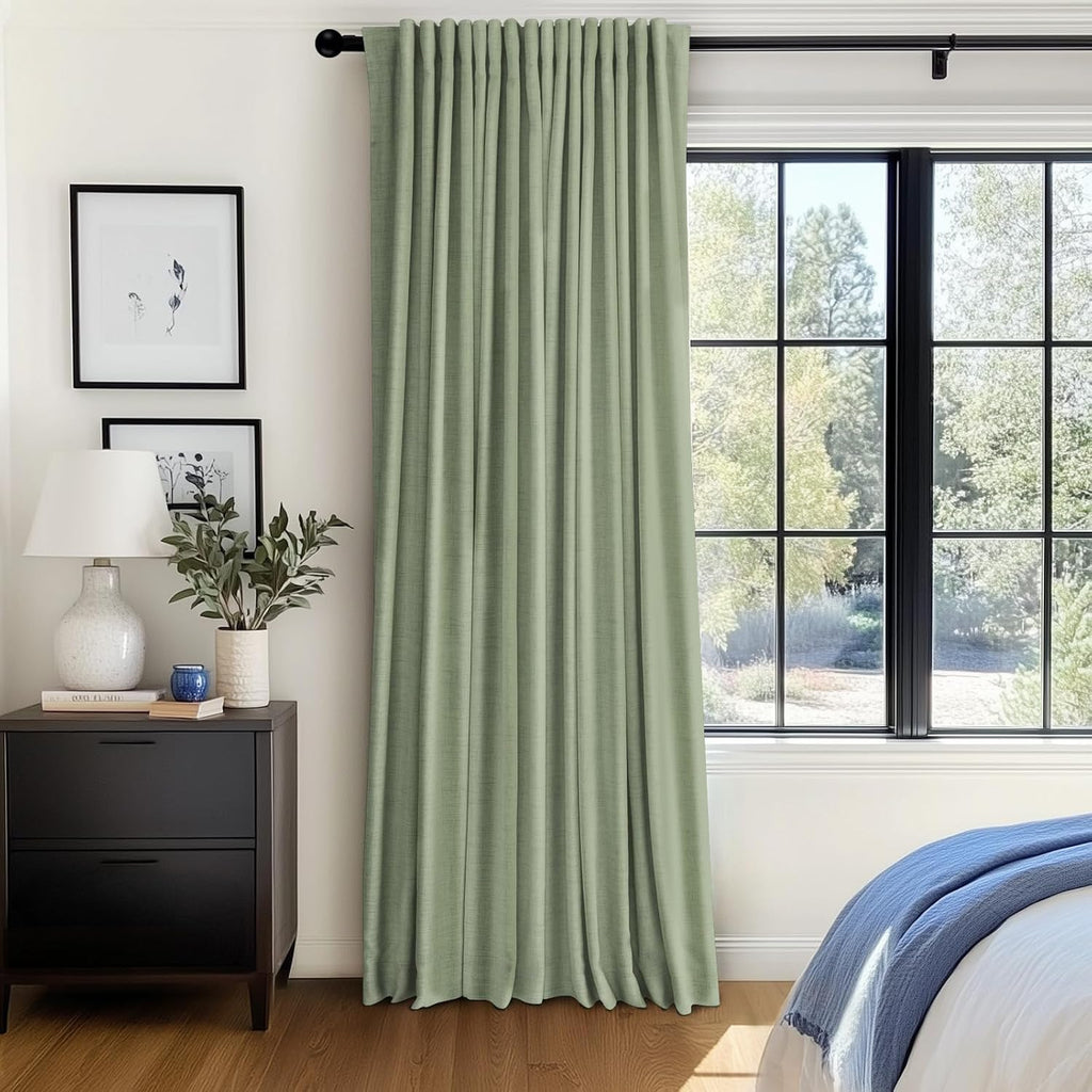Skiennix 100% Blackout Linen Curtains - Thermal Insulated Drapes, 1 Panel Set, 100" W x 90" L, Sage