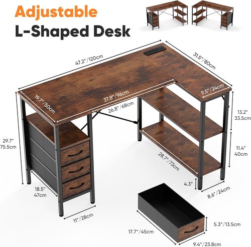 DUMOS L-Shaped Desk - 47-Inch Brown Corner Computer Desk with Power Outlet & Adjustable Shelves | Home Office Furniture