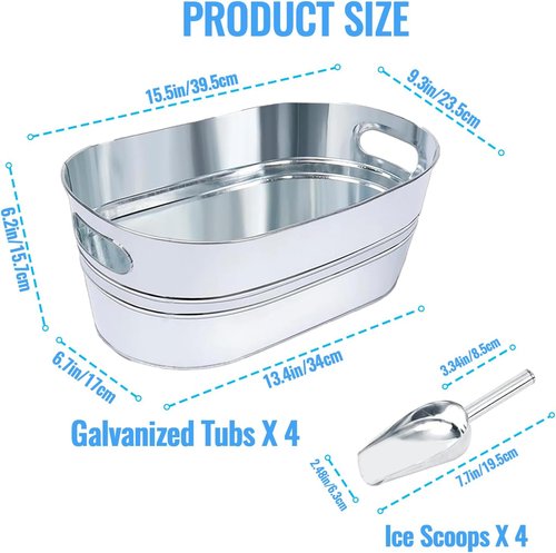4Pcs 4 Gallon Galvanized Ice Bucket Large Galvanized Tub with Scoops Ice Bucket for Parties Mimosa Bar Supplies with Carry Handles Metal Beverage Tub for Champagne Cocktails Beer Drink Wine