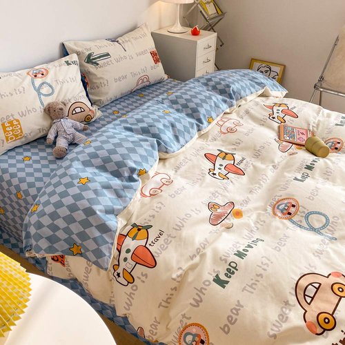 BlueBlue Cars Duvet Cover Set Queen 100% Cotton Bedding for Kids Boys Girls Teens Transportation Car Airplane Truck on Cream White 1 Cartoon Comforter Cover Full Zipper Ties 2 Pillowcases Queen