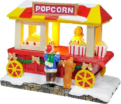 Moments In Time Popcorn Wagon | LED Lighted Christmas Village Vendor Cart - Handcrafted Holiday Decoration