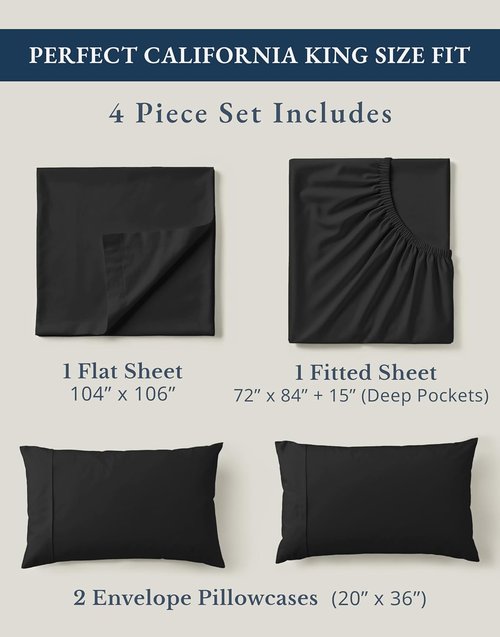 Lane Linen 100% Organic Cotton California King Sheets Set - Ultra Soft, Breathable 4-Piece Bedding in Black