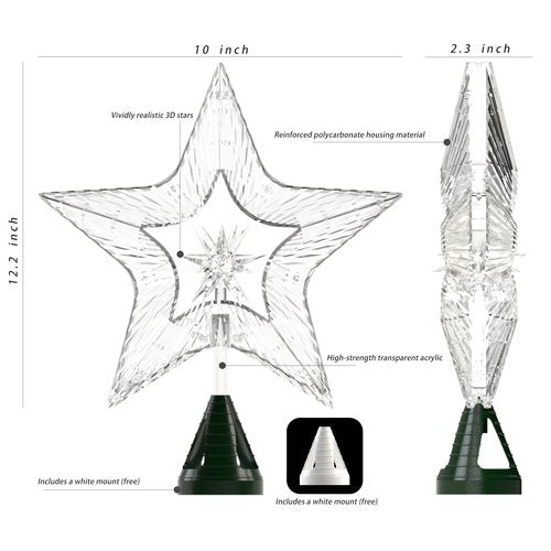 10" Christmas Tree Star Topper with Lights, Shatterproof Plastic Star Christmas Tree Topper Lighted for Christmas Tree Decorations, Warm Glow & USB Plug in