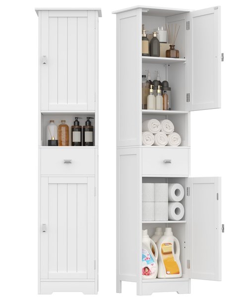 Akxoml Tall Bathroom Storage Cabinet with 2 Doors, 67" H Narrow Floor Cabinet with Adjustable Shelves and Drawer, Anti-Tip Design, 11.8 x 12.6 x 66.9 Inches, for Bathroom, Kitchen，Entryway, White