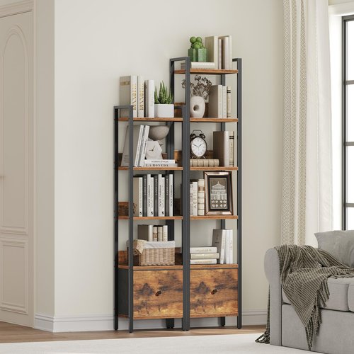 MAHANCRIS Bookshelf, 5-Tier Bookcase with Drawer, Small Book Shelf for Small Space, Storage Shelf Organizer, for Living Room, Bedroom, Study, Kitchen, Rustic Brown and Black BKHR55101