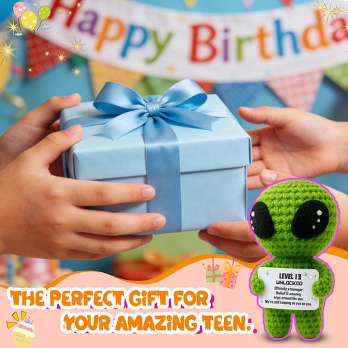 Happy 13th Birthday Milestone Keepsake – Handmade Crochet Alien Plush Doll with Funny Official Teenager Positive Affirmation Message Card – 13 Years Old Gift for Son, Daughter, Friend, or Grandchild