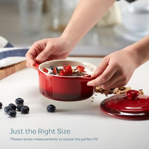 Kook Mini Cocotte Set - 12 oz Individual Casserole Dishes with Lids & Handles | Oven & Microwave Safe, Crimson Ombre, Set of 4