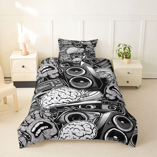 Feelyou Graffiti Bedding Set for Teens Boys Queen Rock Music Theme Duvet Cover Set Hip Hop Comforter Cover Set Kids Teenage Street Art Quilt Cover Hippie Room Decor Bedding with 2 Pillow Shams (3Pcs)