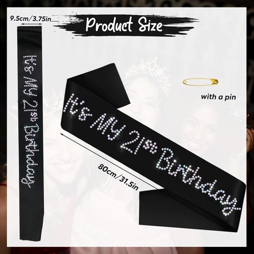 It's My 21st Birthday Sash, Black Satin Birthday Sash with Glitter Rhinestones Decorations for Girls or Women, Finally 21 Bday Sashes, Ideal Twenty One Gifts, Happy 21 Bday Party Decorations