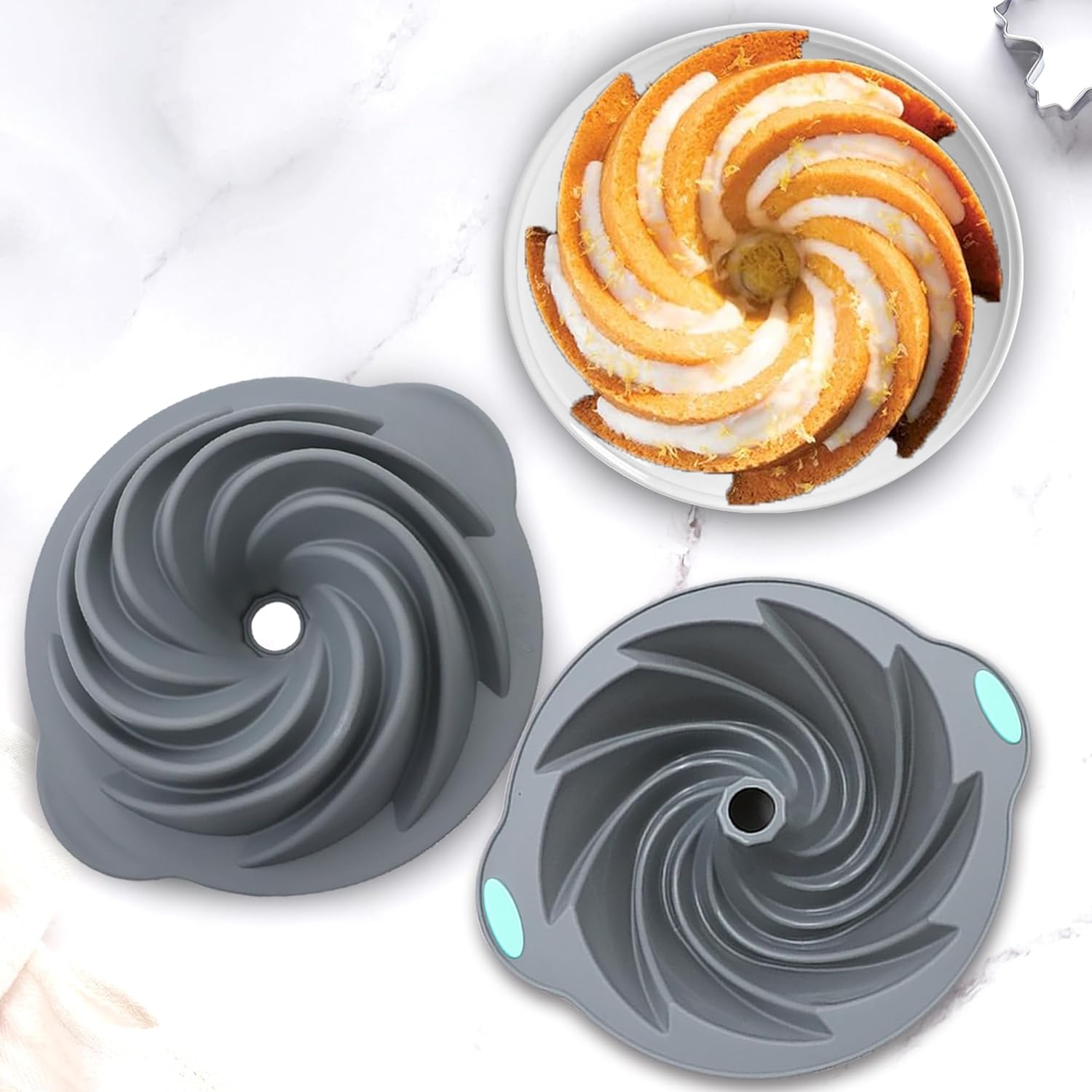 Tongjude Silicone Fluted Cake Pans - Non-Stick 4-Piece Set for Baking Cakes & Jello | 6/7/8 Cups, Grey