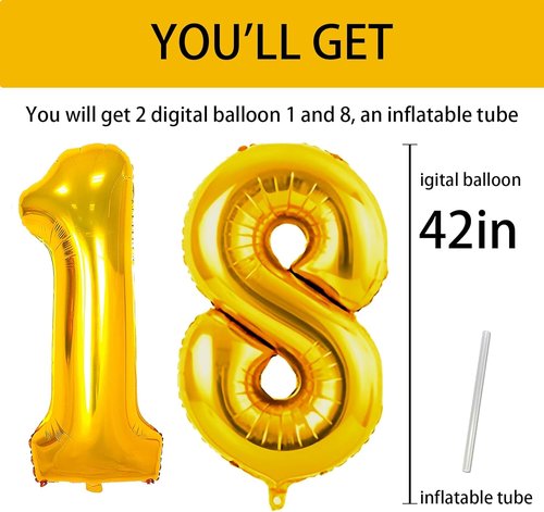 Gold 18 Balloon Number - 42 Inch Foil Mylar Helium Balloon for 18th Birthday & Anniversary Celebrations