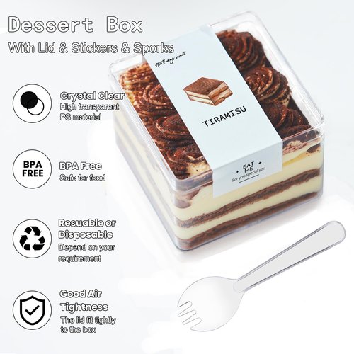 Plastic Square Dessert Cups Boxes with Lids and Sporks,packaging for baked,Cookie Tiramisu Containers for Fruit,Pudding,Mousse,Parfait Cups With Lids(20, 12oz 3.3 * 3.3 * 2.5in boxes+Sporks+Stickers)