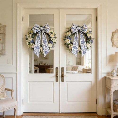 AZYM Wreath Sash Set - Elegant Blue Flower Ribbon for Front Door & Indoor Decor | 2 Pcs