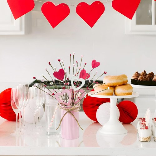 Agusbagli Valentines Day Decor Valentine Flowers Picks with Vase Valentines Day Artificial Berry Stems in Pink Metal Pot for Anniversary Wedding Table Centerpieces