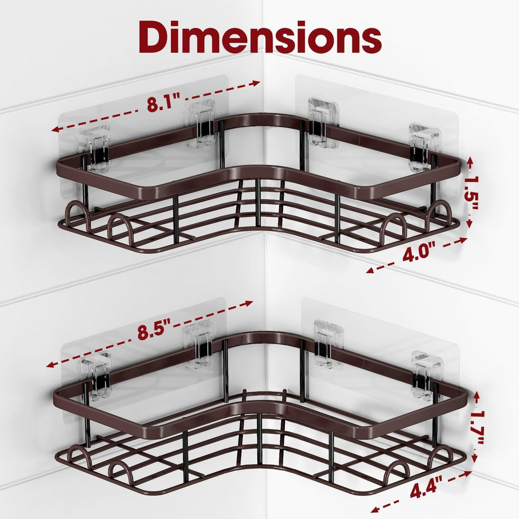 Sakugi Corner Shower Caddy - Rustproof Stainless Steel Organizers with 8 Hooks | No-Drill, Space-Saving Design, Brown, Medium