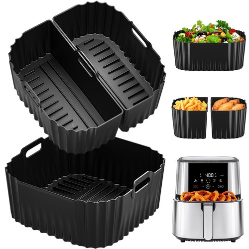 Air Fryer Silicone Liners Square for Chefman 8QT Air Fryer, 3 Pack Reusable Silicone Pot Baking Accessories for Instant, Nuwave, Gourmia and other 8QT to 10QT Large AirFryer, 2 In 1 Liners