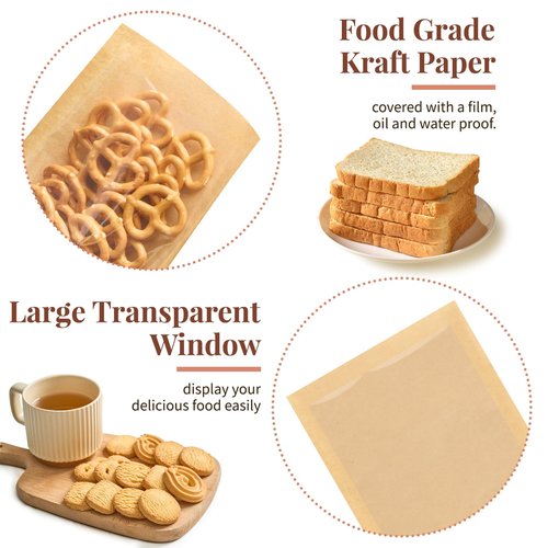 ZORRITA 100 Pack Heat-Sealable Cookie Bags with Window, 5.1 x 7.5 Inches Small Clear Front To Go Bakery Bags, Grease Resistant Kraft Paper Treat Sleeves for Packaging Snack Donut Pastry (Brown)