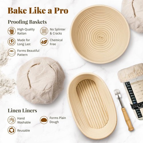 BAVIFY Sourdough Starter Kit, 9" Round & 10" Oval Banneton Bread Proofing Baskets Set with Jar, Sourdough Bread Baking Supplies Bread Making Tools, Sourdough Kit Gifts for Bakers Women