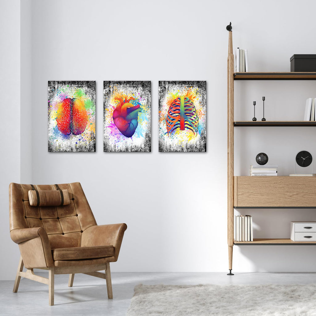 sechars Canvas Wall Art Human Brain Rib Cage Heart Painting Art for Medical Office Wall Decor Education Science Artwork Framed Gifts for Students Doctors (16x24inchesx3pcs)