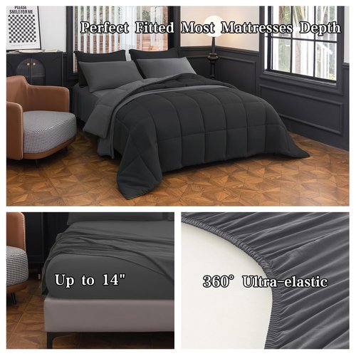 LETSLEEP Queen Size Comforter Set - 8-Piece Black Luxury Bedding with Reversible Microfiber Lightweight Comforter, Bed Skirt, Flat Sheets, Pillowcases & Pillow Shams