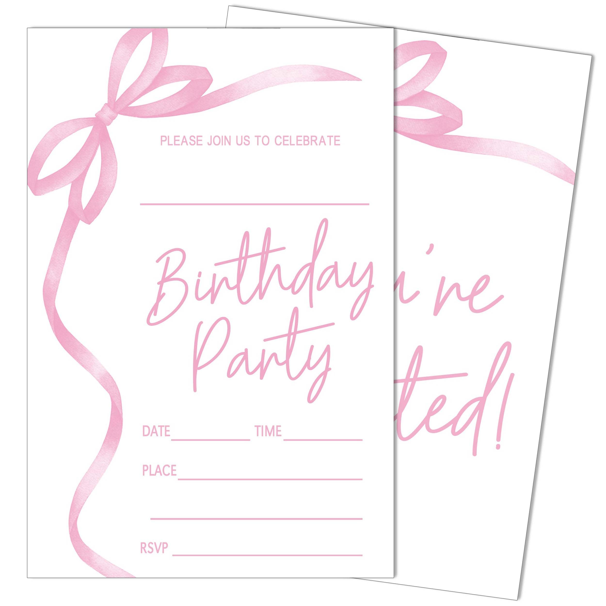 SIXEIGHT Pink Bow Birthday Invitations, Pink Ribbon Bow Birthday Party Invitations, 20 Party Invitations with Envelopes for Girls Boys, Birthday Party Favor & Decoration (4"x6")-A04
