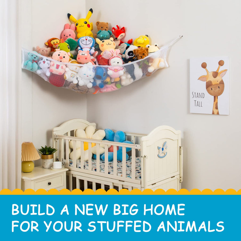 X-Large Stuffed Animal Net for Corner Storage | Fixed Shape Non-Stretch Toy Organizer, No Sag | Holds 60 Plushies, Mesh Toy Net for Teddy, Squishmallow, Kids Room (White 2 Pack)