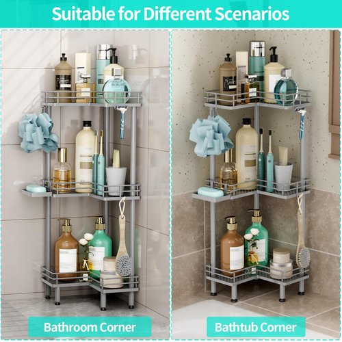 HapiRm Corner Shower Caddy Standing - 3 Tier Shower Organizer Corner with Soap Holder, Rustproof Bathroom Standing Organizer with 4 Hooks, Grey