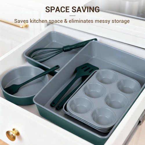 Ammeloo 22-Piece Non-Stick Baking Pans Set - Stackable Bakeware with Oven Mitt & Utensils | Gray & Hunter Green