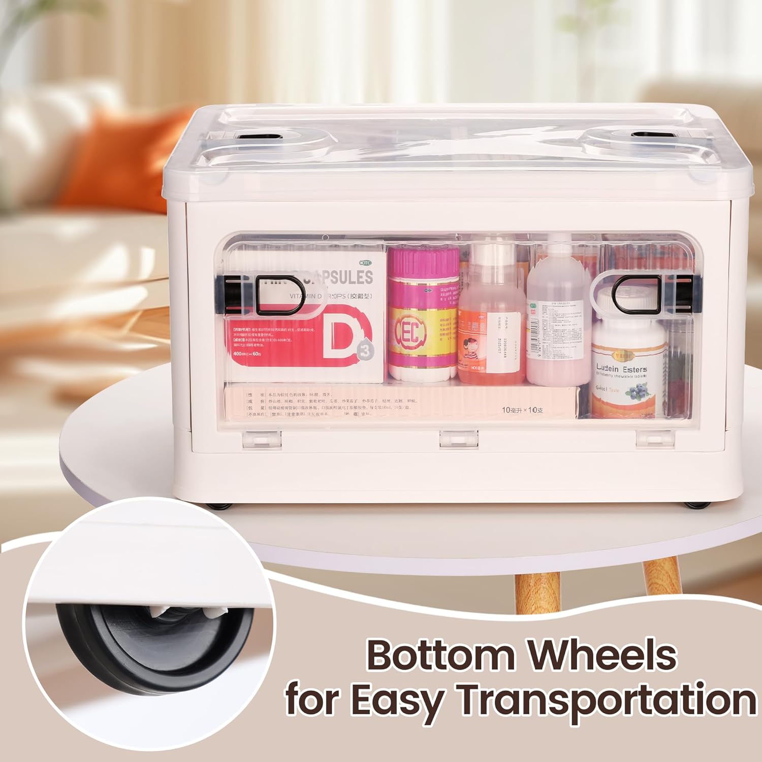 Skiennix 24 QT Medicine Organizer - Extra Large Collapsible Storage Box with Removable Tray & Wheels