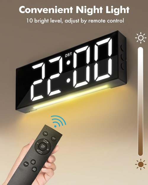 Alampan 12" Large Digital Wall Clock with Remote Control, USB Powered, Corded RGB LED Clock with Full Screen Display, Big Numbers, for Classroom, Living Room, Elderly, Wall Mounted, DST, KSJ-01, Black