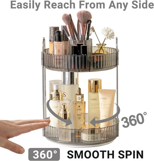 Asayuee 360 Rotating Makeup Organizer - 2-Tier Large Capacity for Skincare & Cosmetics Storage | Grey
