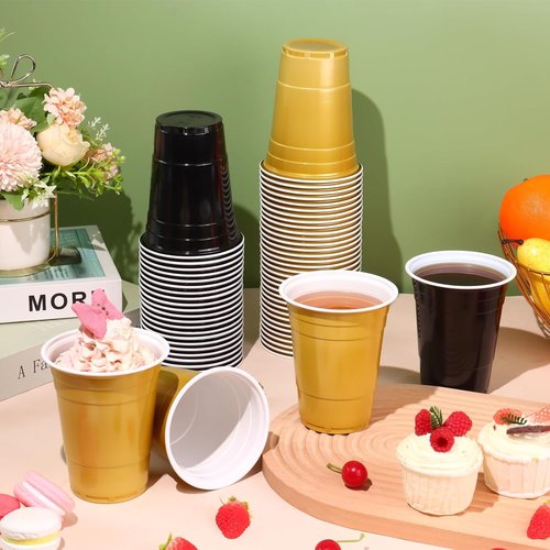 KesaPlan 100PCS 16 oz Black and Gold Disposable Plastic Cups - Perfect for Graduation, Weddings, and Parties