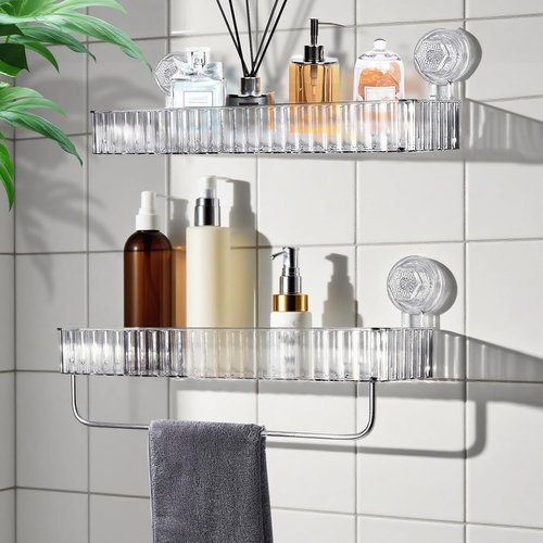 JXYT Shower Caddy Suction Cup,2 Pack Shower Shelf for Bathroom Storage,No Drilling Removable Transparent Clear Shower Caddy Suction Cup,Large Capacity Reusable Shelves,Max Hold 11lbs With towel bar