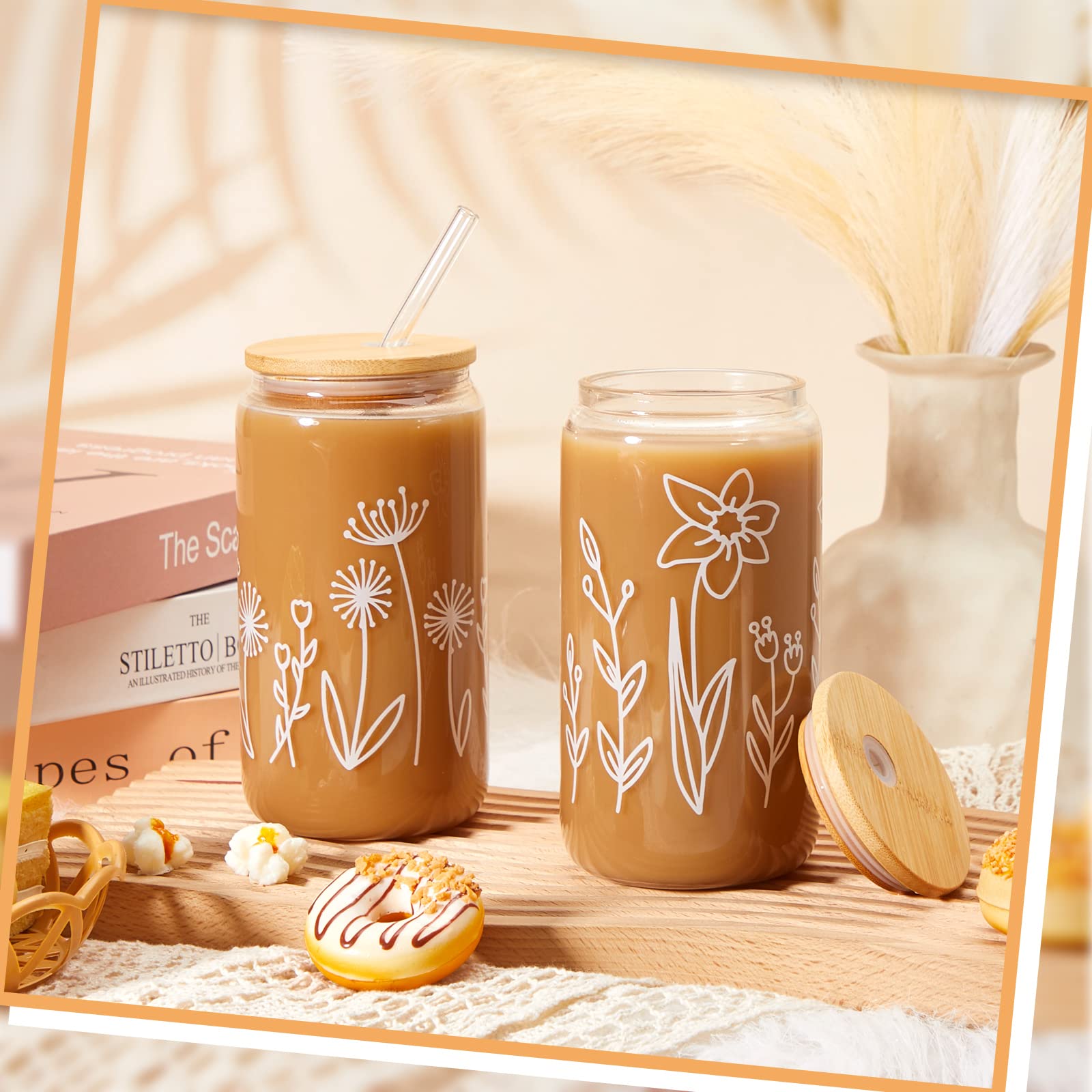 Mumufy 12 Pack Glass Cups Gift Aesthetic Cute Glass Cup Tumbler Flower Iced Coffee Mugs 16 oz with Bamboo Lid & Straw, for Wedding Birthday Bridesmaid Mom Baby Shower